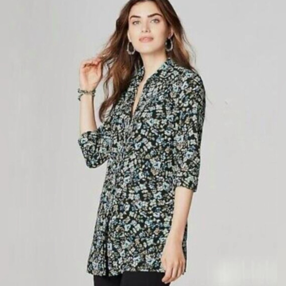 J. Jill Black Floral Button Front Layered Tunic Size Small Petite